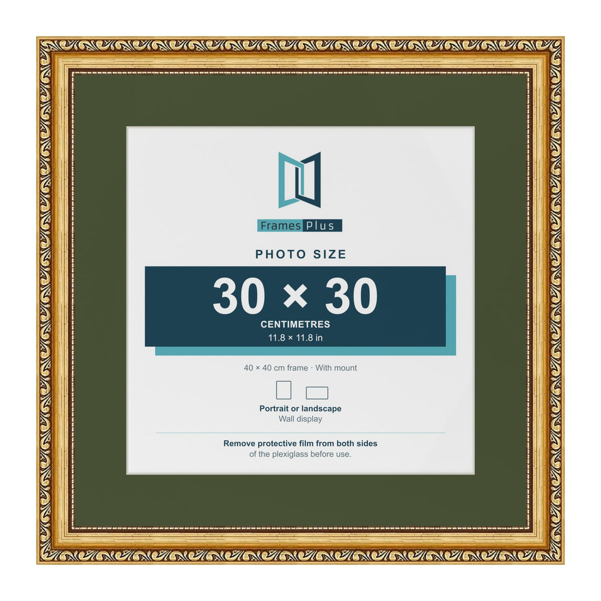 Louis Gold 40 x 40 cm picture frame with a green mount for a 30 x 30 cm photo