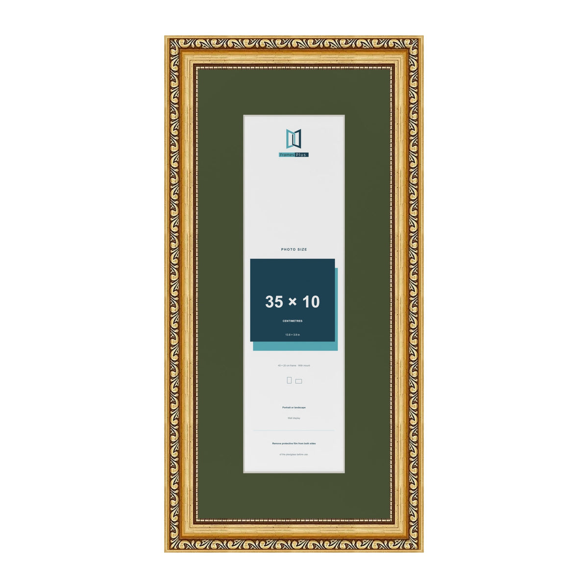 Louis Gold 45 x 20 cm picture frame with a green mount for a 35 x 10 cm photo