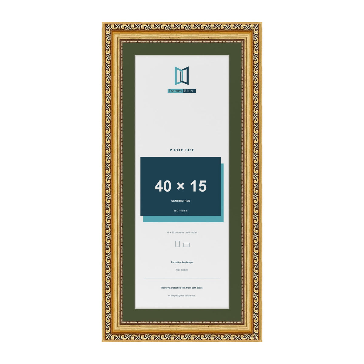 Louis Gold 45 x 20 cm picture frame with a green mount for a 40 x 15 cm photo