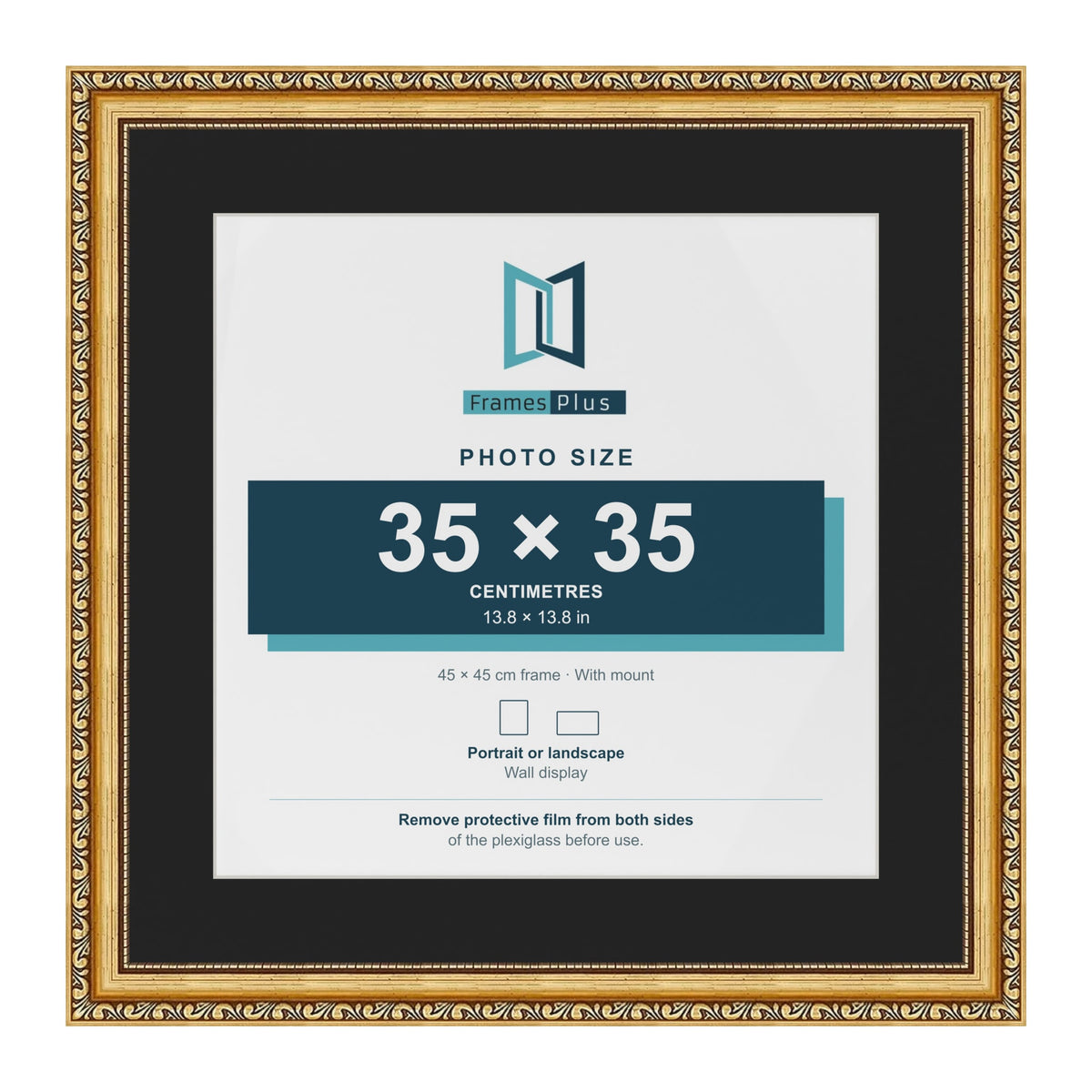 Louis Gold 45 x 45 cm picture frame with a black mount for a 35 x 35 cm photo