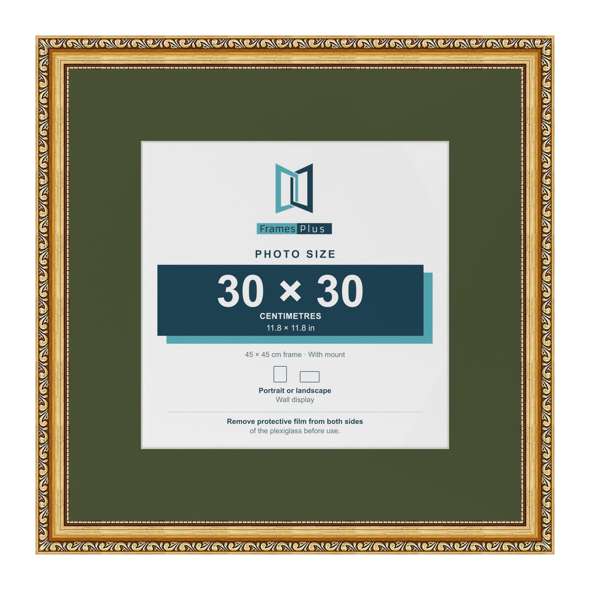 Louis Gold 45 x 45 cm picture frame with a green mount for a 30 x 30 cm photo