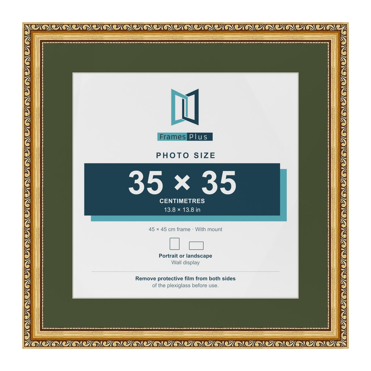 Louis Gold 45 x 45 cm picture frame with a green mount for a 35 x 35 cm photo