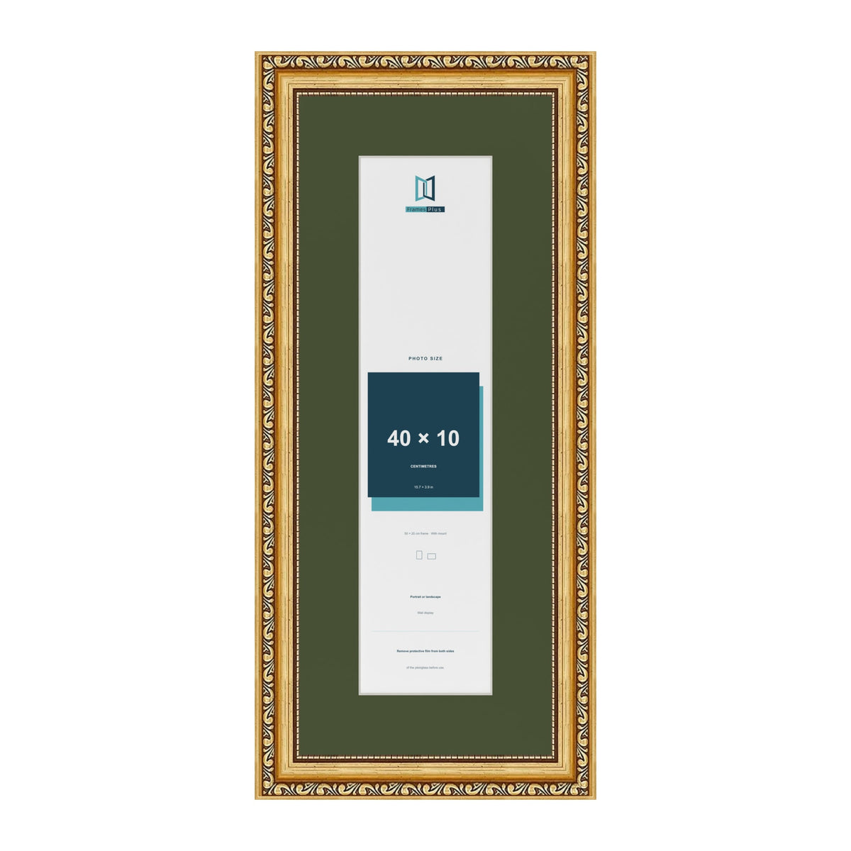 Louis Gold 50 x 20 cm picture frame with a green mount for a 40 x 10 cm photo