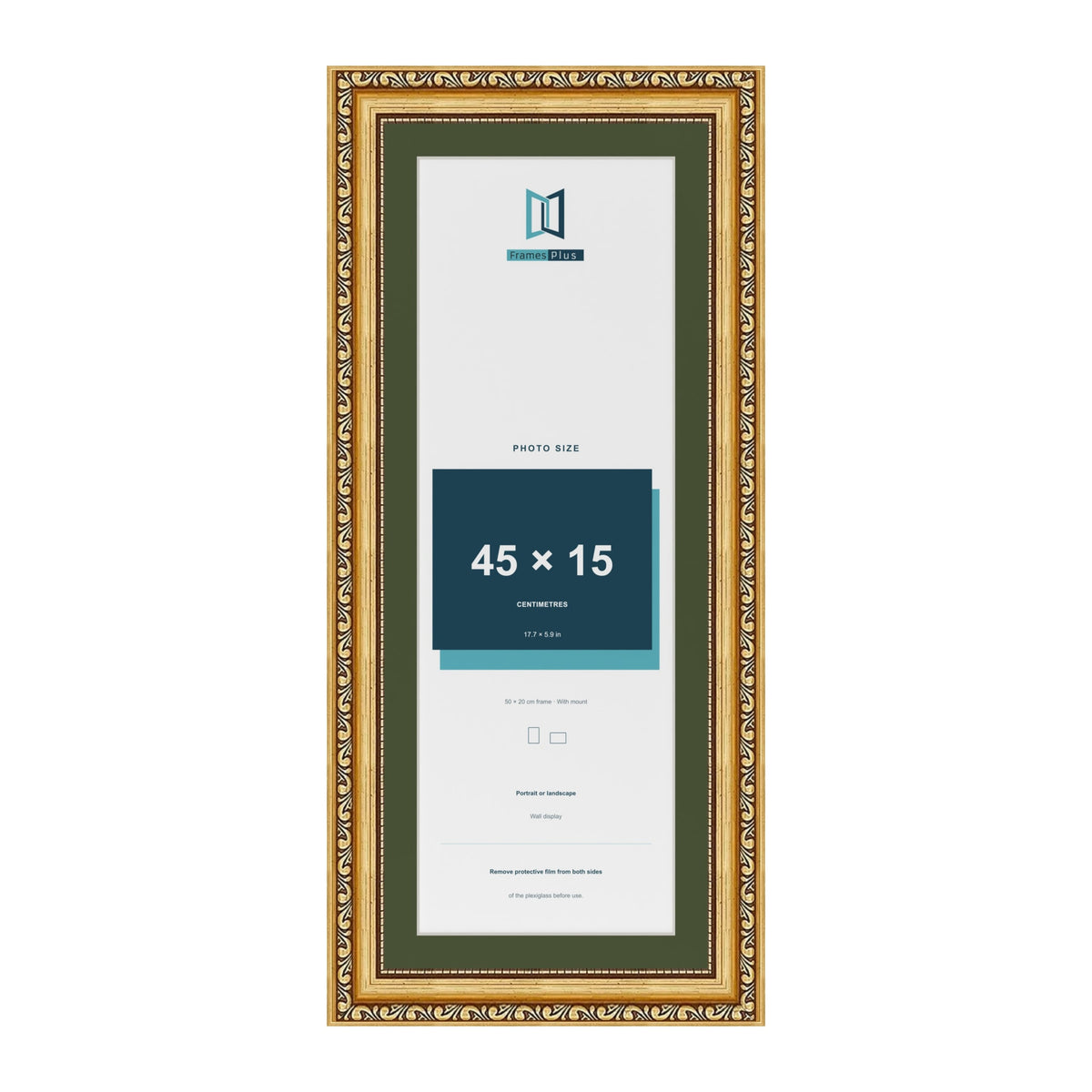 Louis Gold 50 x 20 cm picture frame with a green mount for a 45 x 15 cm photo