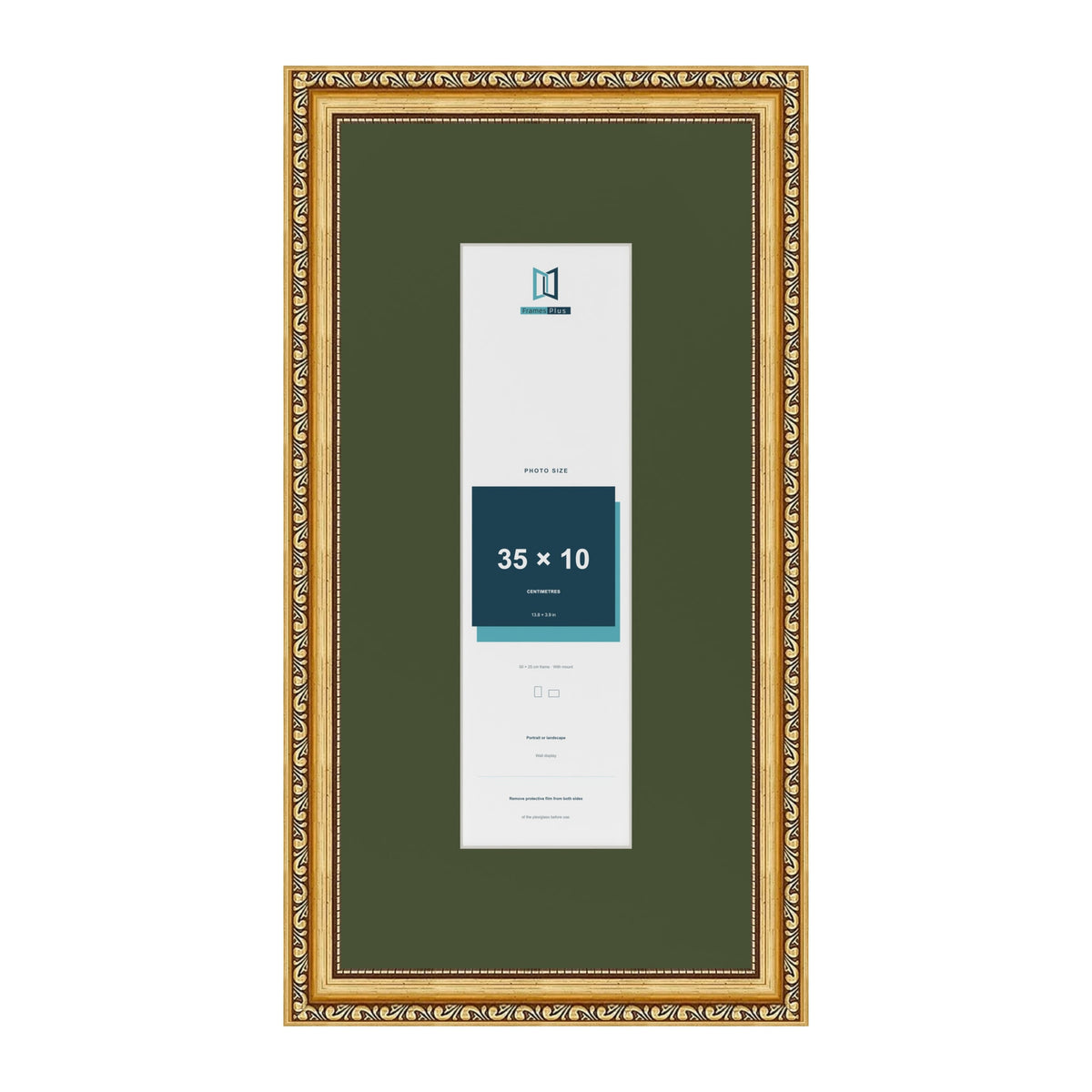 Louis Gold 50 x 25 cm picture frame with a green mount for a 35 x 10 cm photo