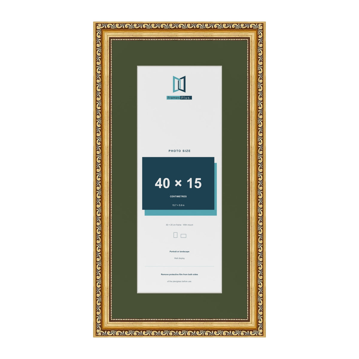 Louis Gold 50 x 25 cm picture frame with a green mount for a 40 x 15 cm photo