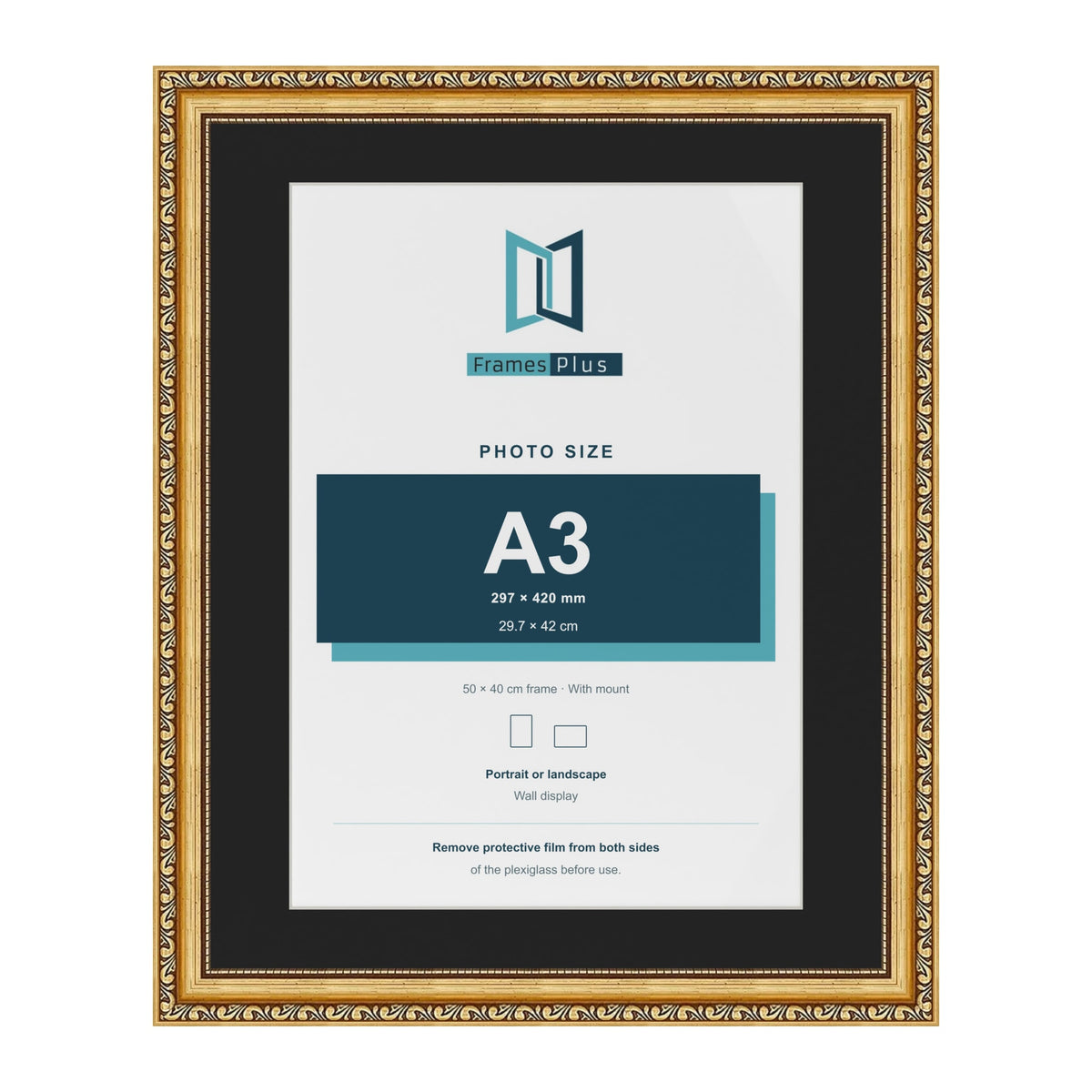Louis Gold 50 x 40 cm picture frame with a black mount for an A3 photo