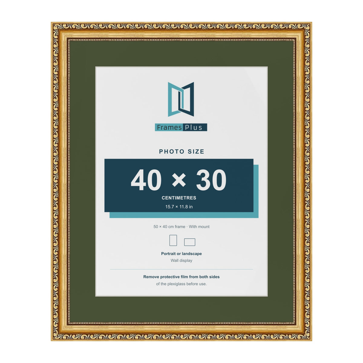 Louis Gold 50 x 40 cm picture frame with a green mount for a 40 x 30 cm photo