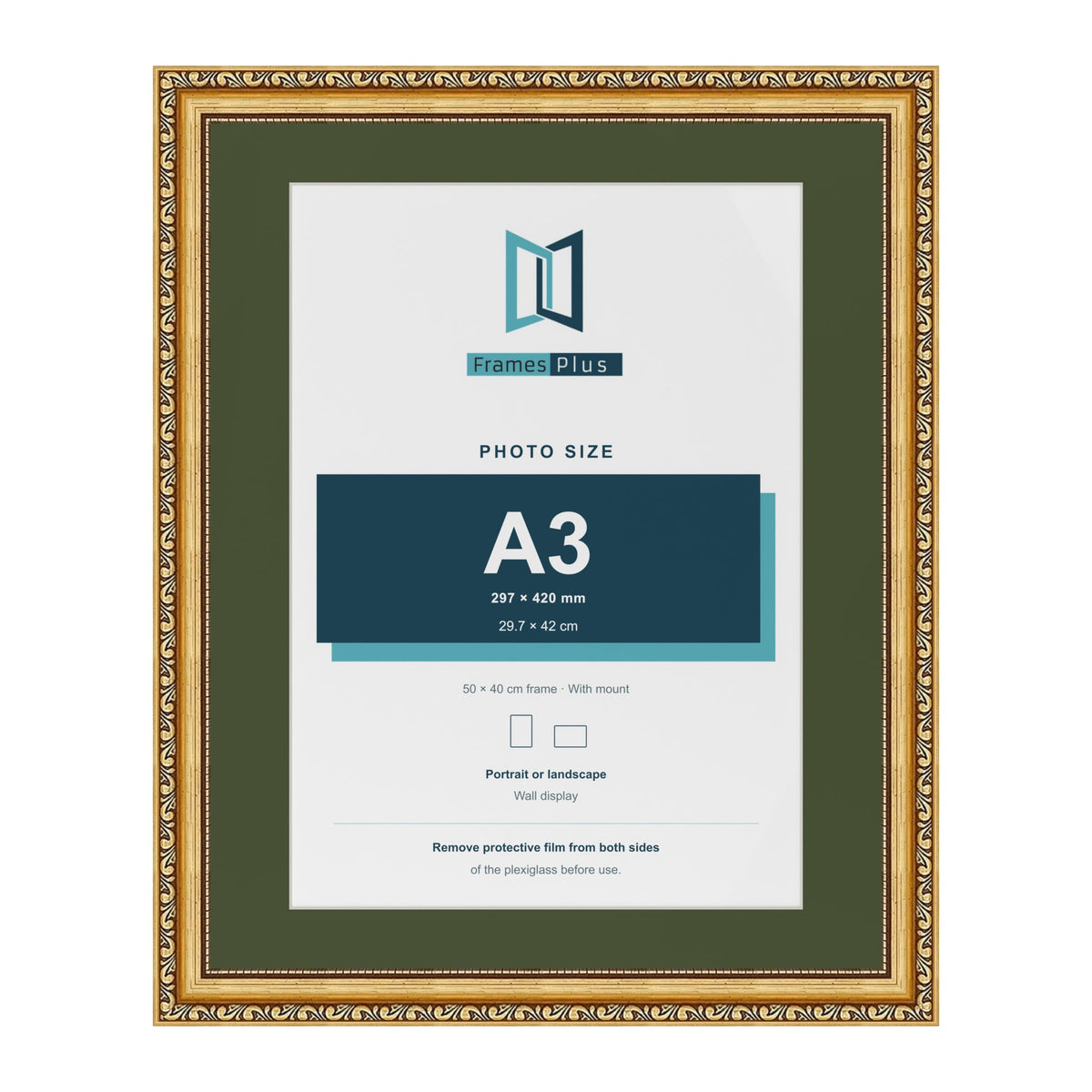 Louis Gold 50 x 40 cm picture frame with a green mount for an A3 photo