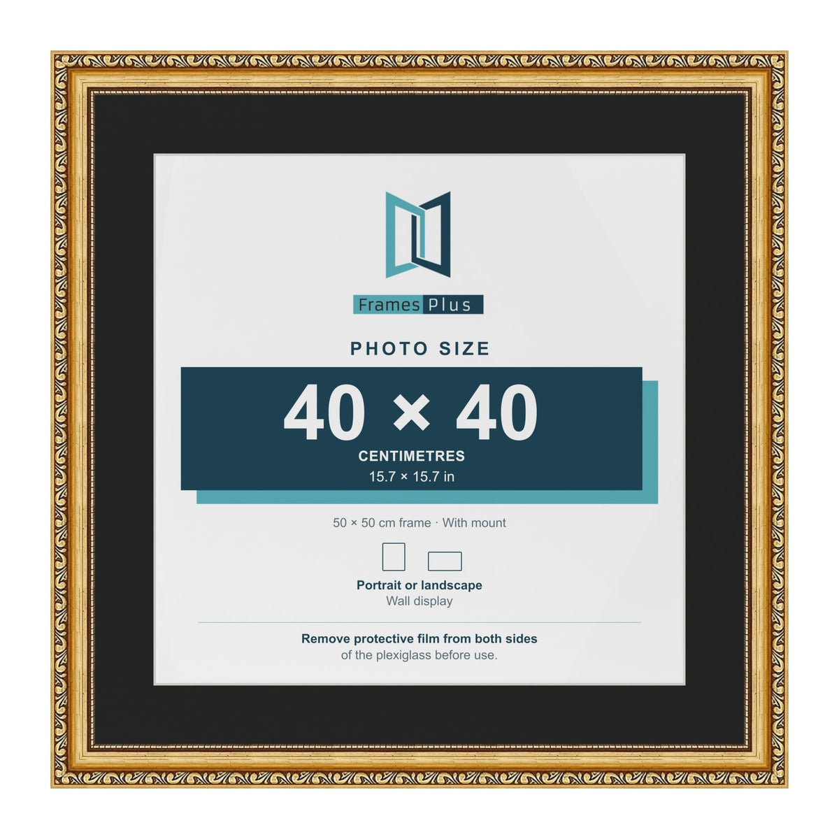 Louis Gold 50 x 50 cm picture frame with a black mount for a 40 x 40 cm photo