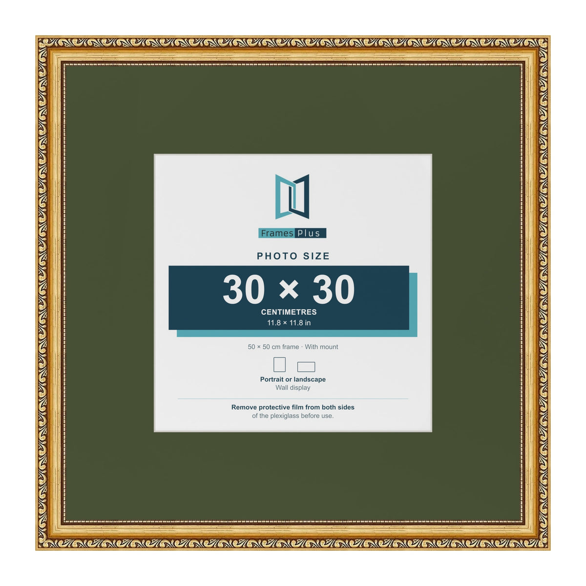 Louis Gold 50 x 50 cm picture frame with a green mount for a 30 x 30 cm photo