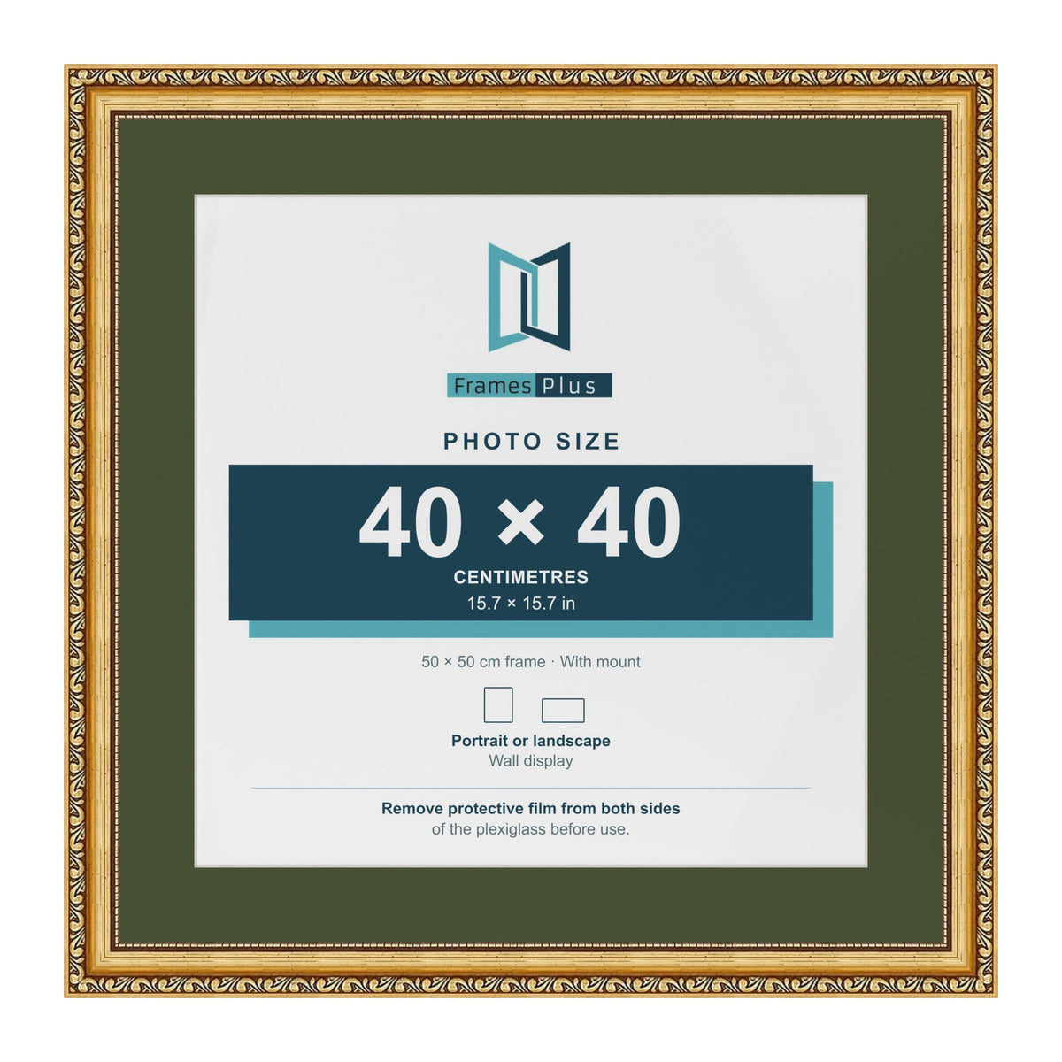 Louis Gold 50 x 50 cm picture frame with a green mount for a 40 x 40 cm photo