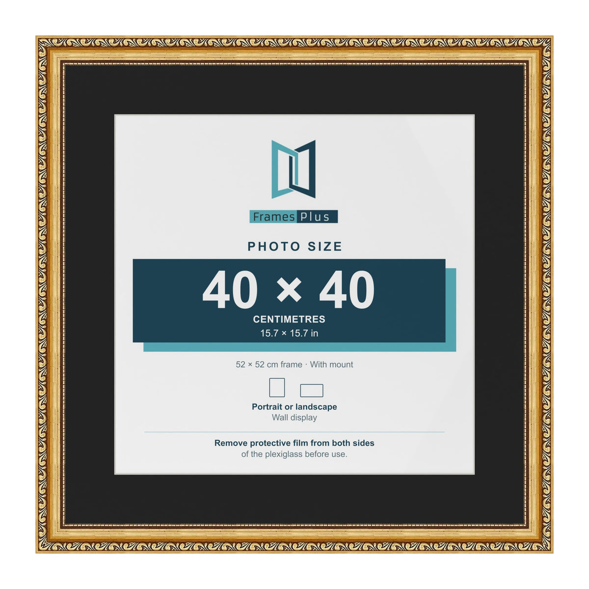 Louis Gold 52 x 52 cm picture frame with a black mount for a 40 x 40 cm photo
