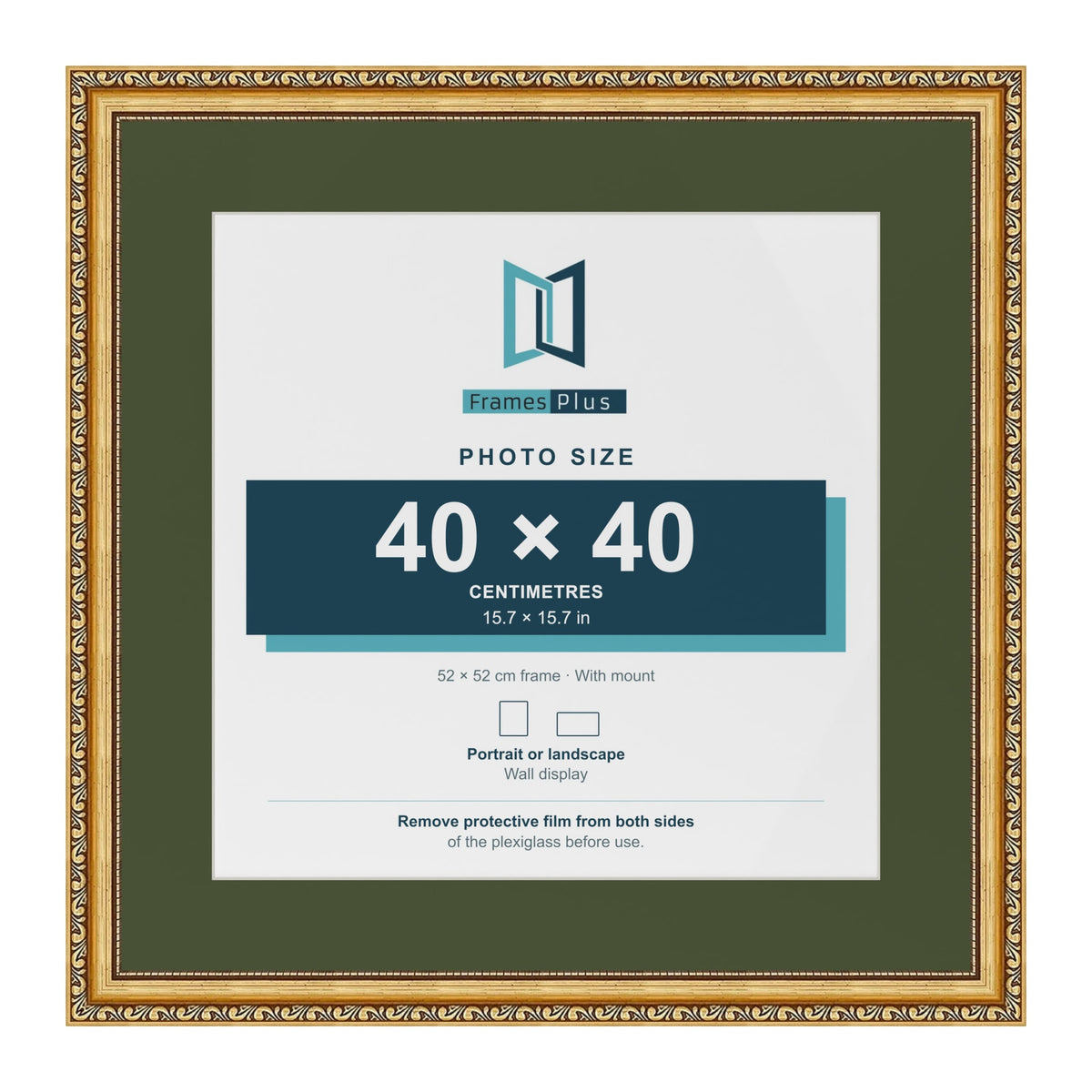 Louis Gold 52 x 52 cm picture frame with a green mount for a 40 x 40 cm photo