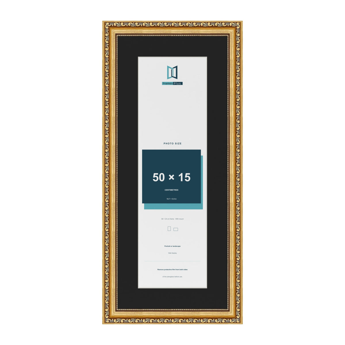 Louis Gold 60 x 25 cm picture frame with a black mount for a 50 x 15 cm photo