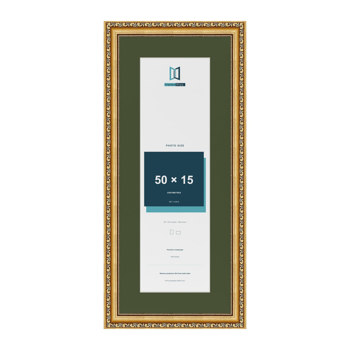 Louis Gold 60 x 25 cm picture frame with a green mount for a 50 x 15 cm photo