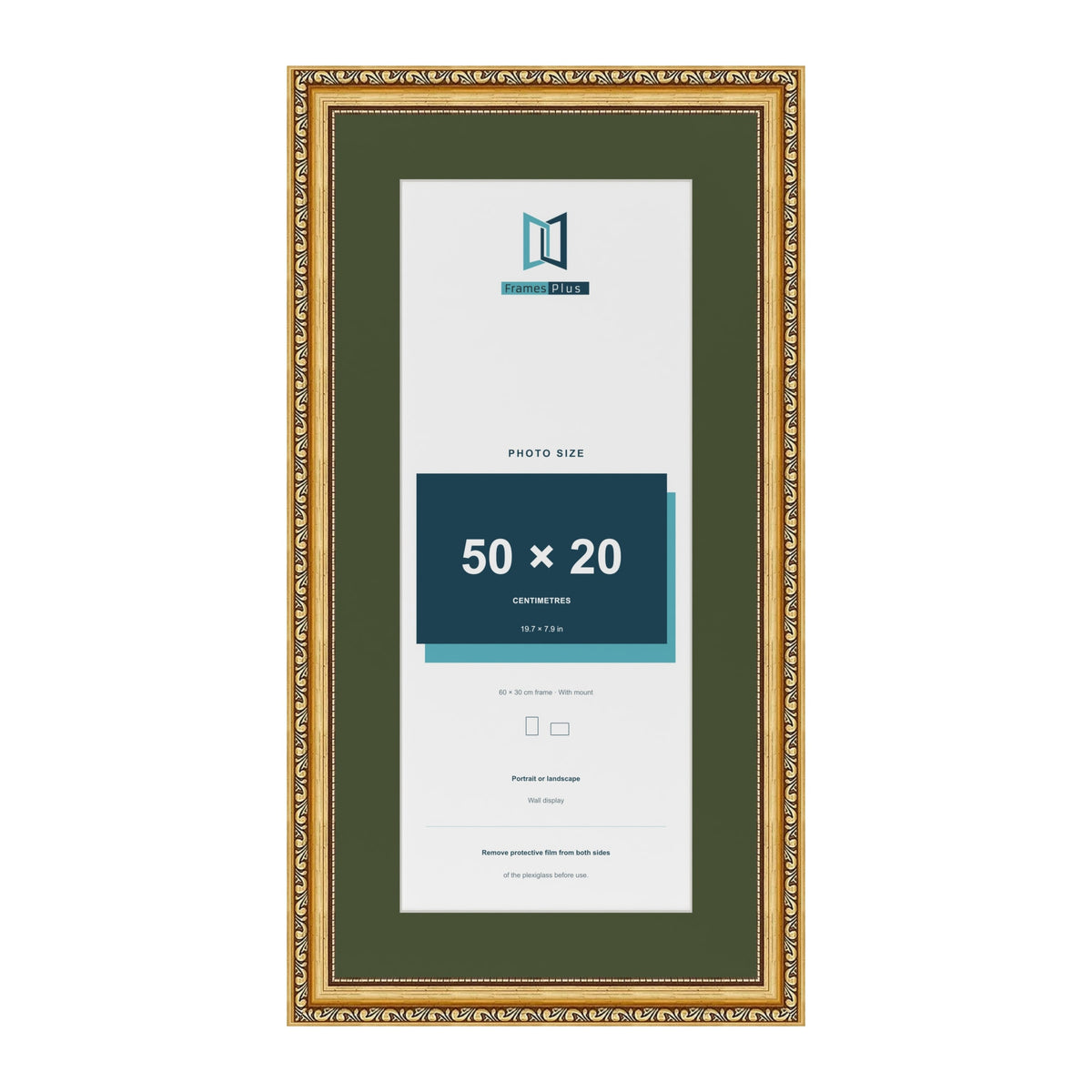 Louis Gold 60 x 30 cm picture frame with a green mount for a 50 x 20 cm photo