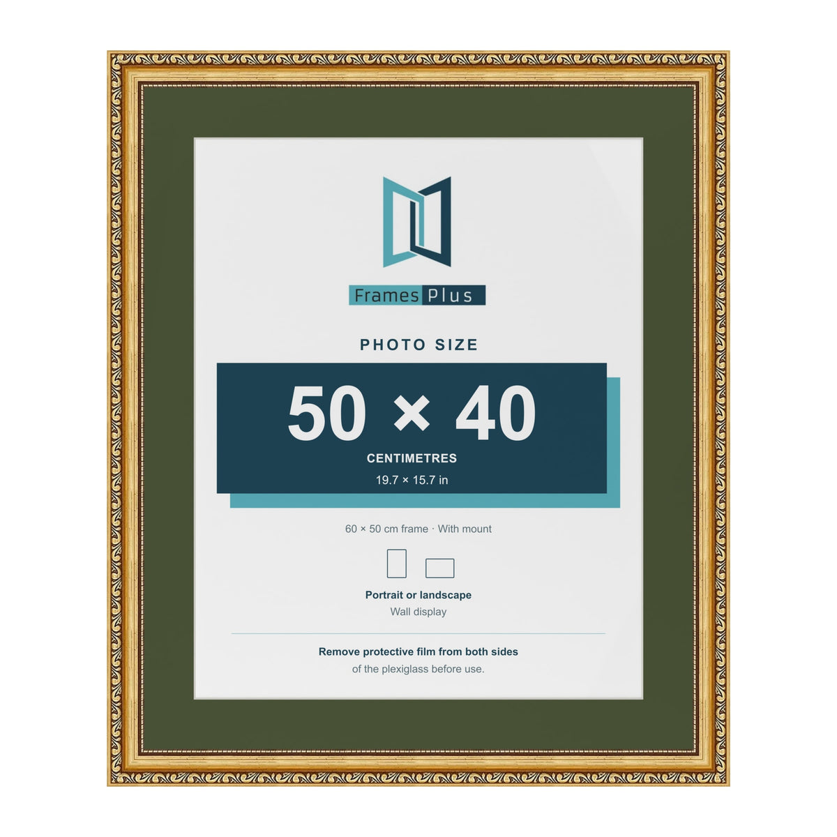 Louis Gold 60 x 50 cm picture frame with a green mount for a 50 x 40 cm photo