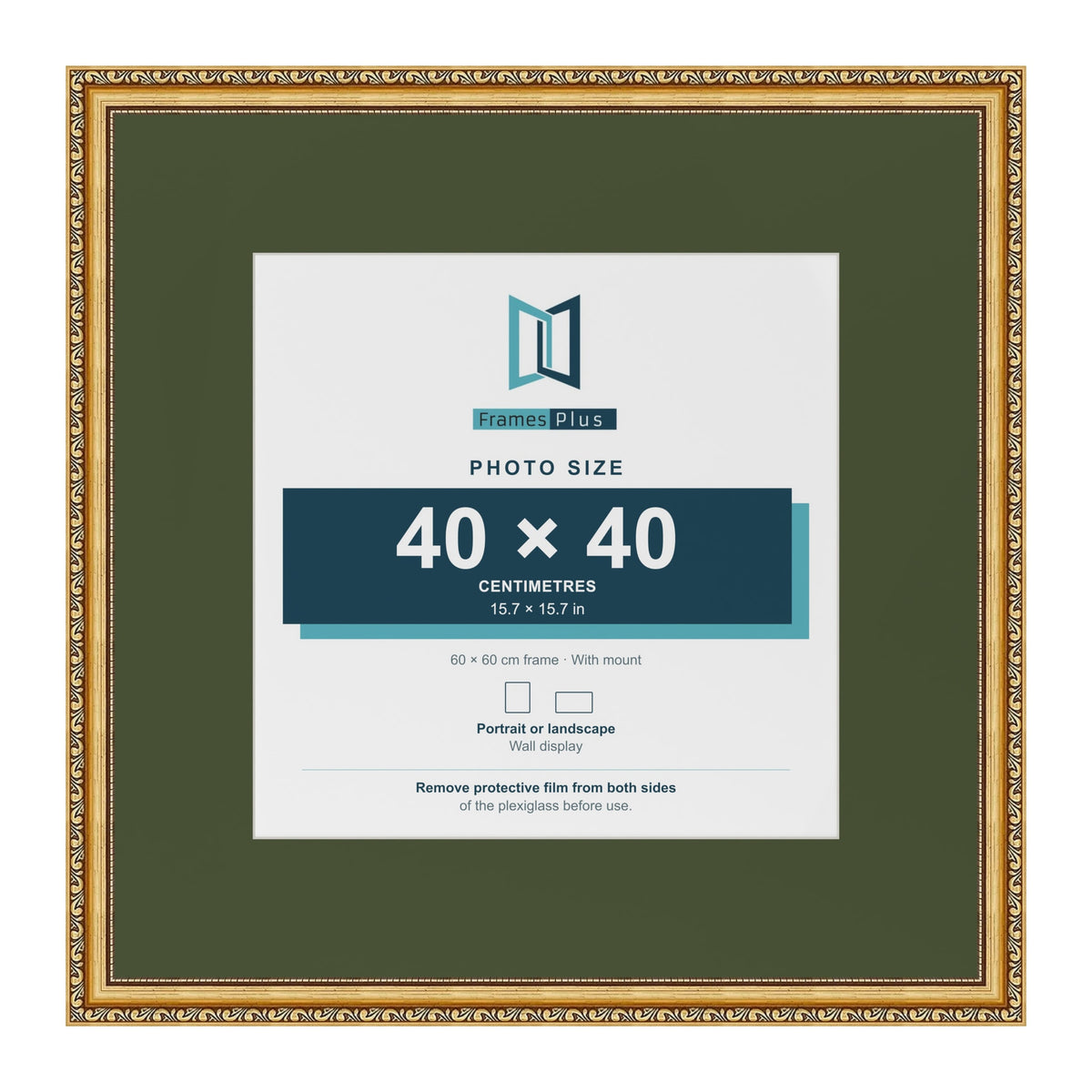 Louis Gold 60 x 60 cm picture frame with a green mount for a 40 x 40 cm photo