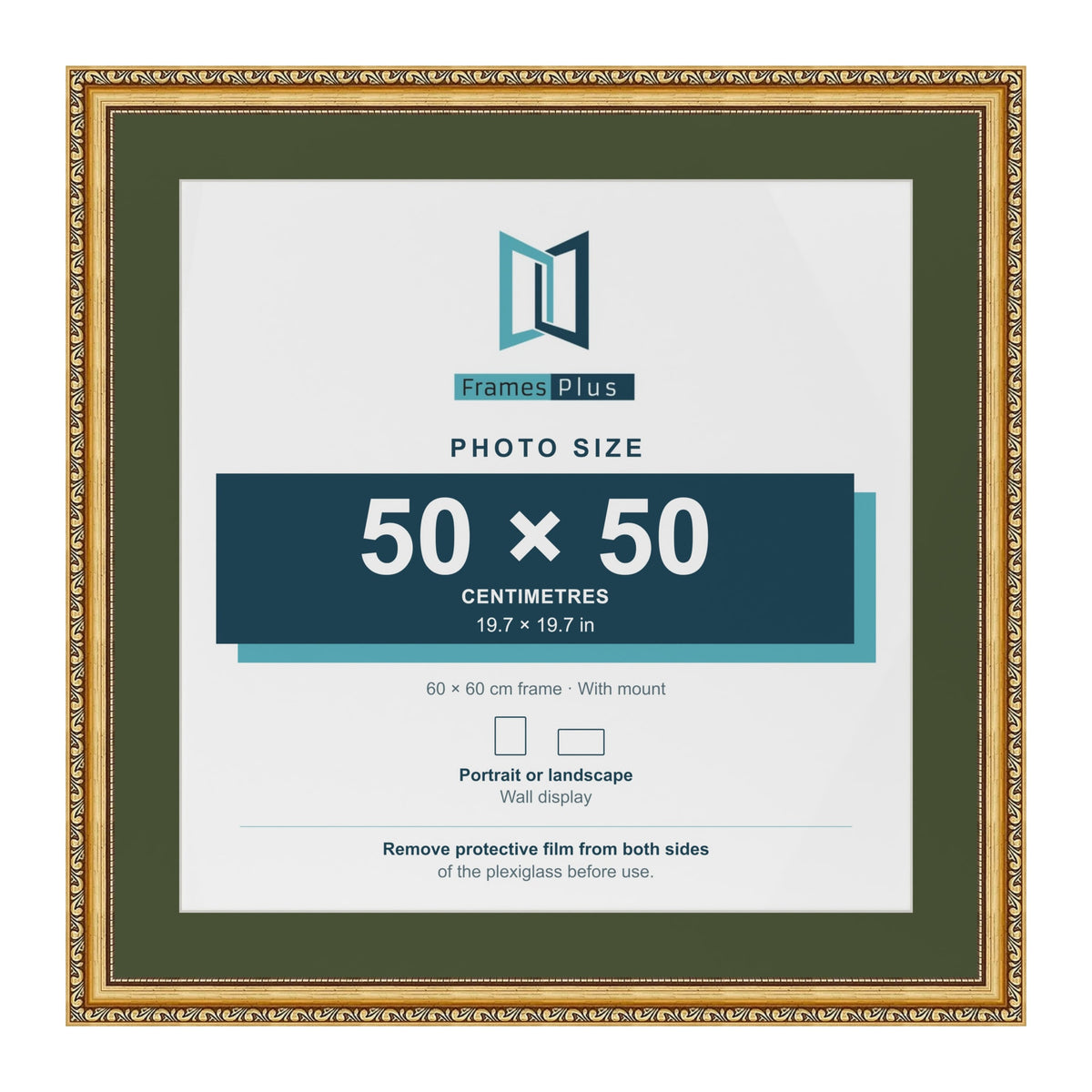Louis Gold 60 x 60 cm picture frame with a green mount for a 50 x 50 cm photo