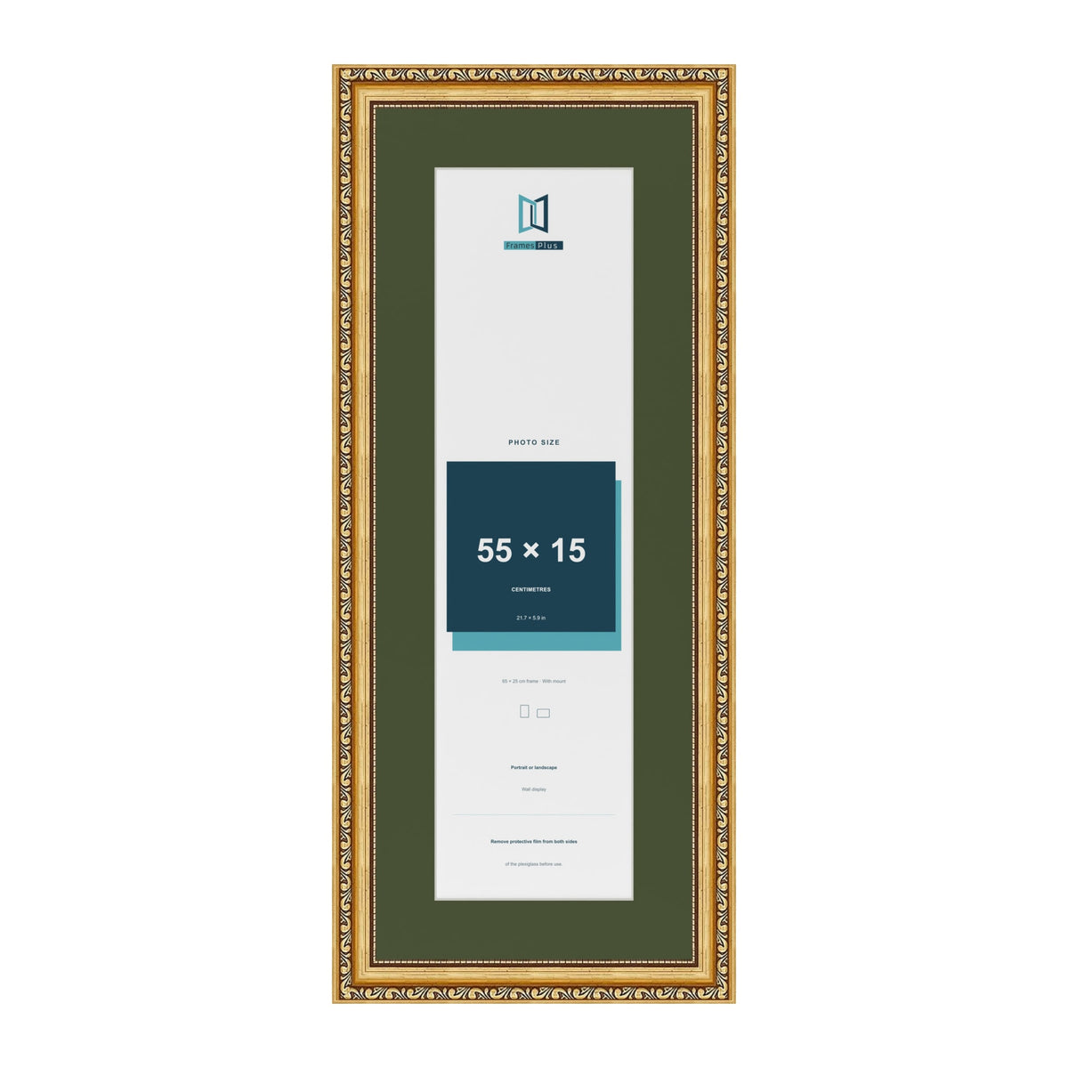 Louis Gold 65 x 25 cm picture frame with a green mount for a 55 x 15 cm photo