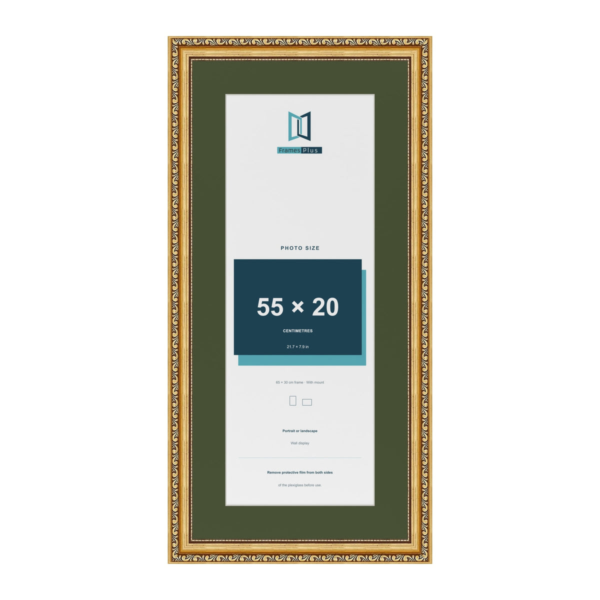 Louis Gold 65 x 30 cm picture frame with a green mount for a 55 x 20 cm photo