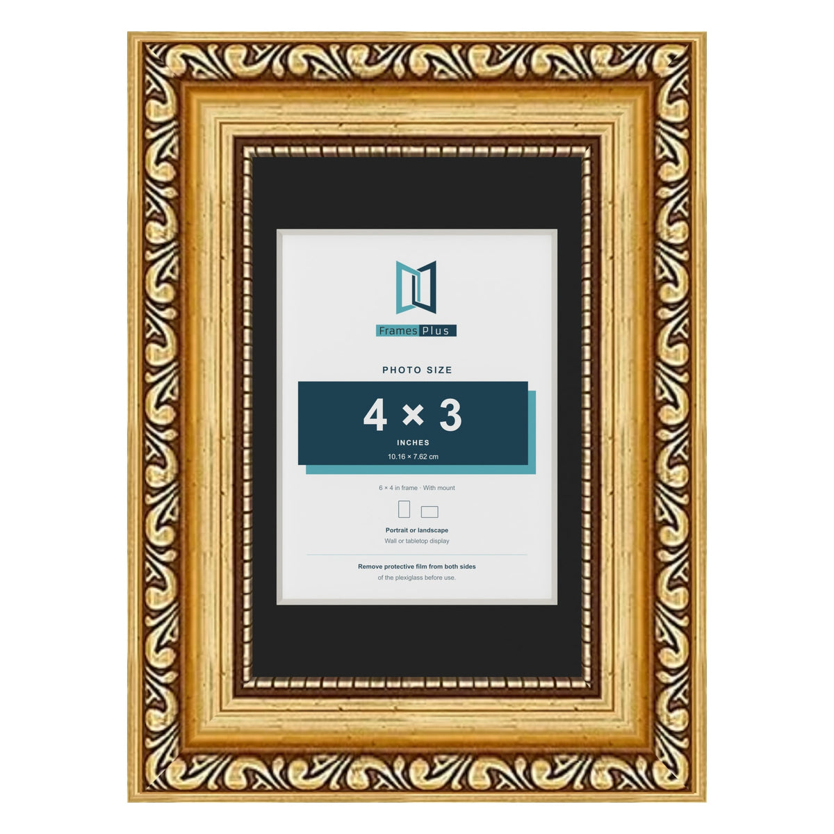 Louis Gold 6 x 4 inch picture frame with a black mount for a 4 x 3 inch photo