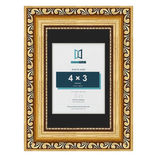 Louis Gold 6 x 4 inch picture frame with a black mount for a 4 x 3 inch photo
