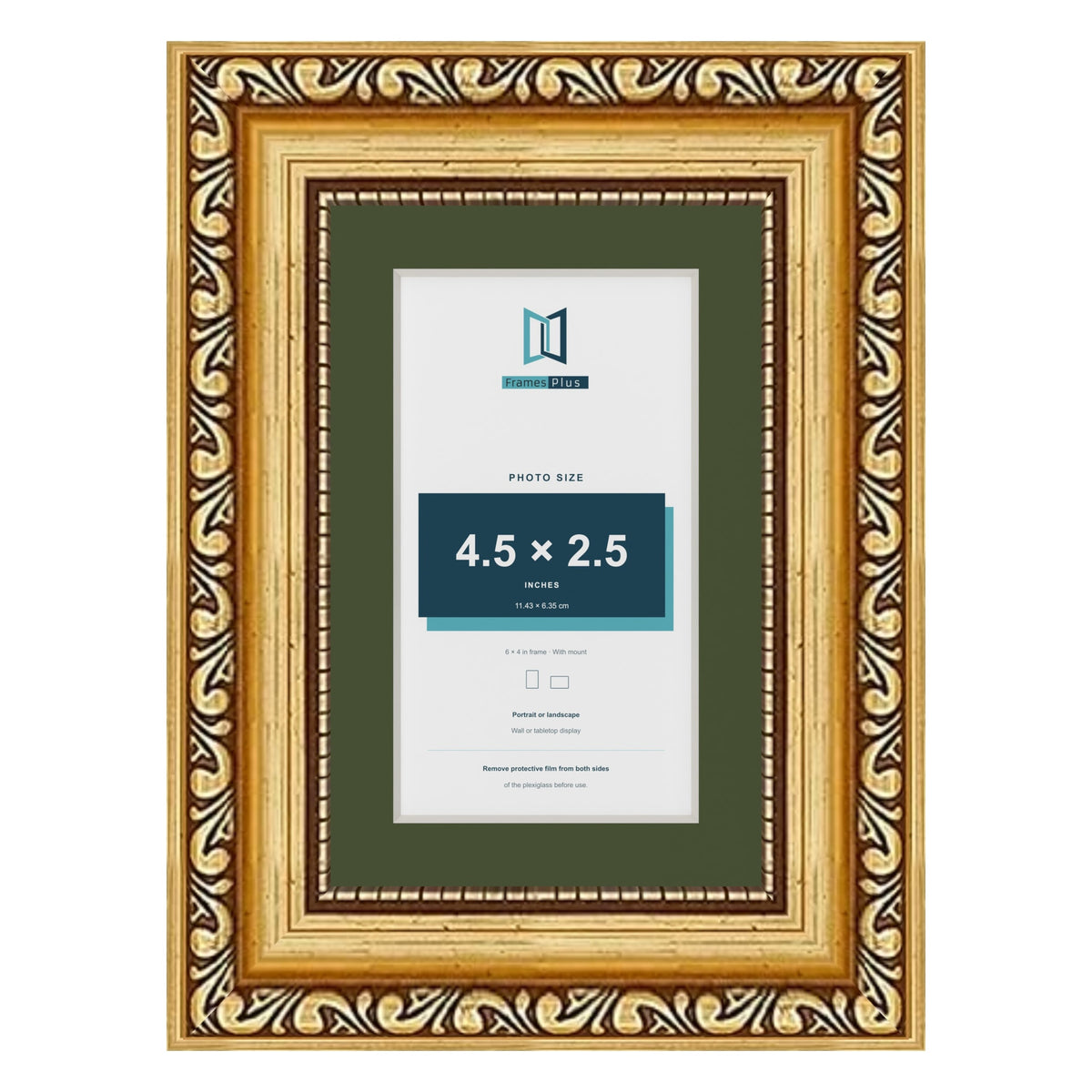Louis Gold 6 x 4 inch picture frame with a green mount for a 4.5 x 2.5 inch photo