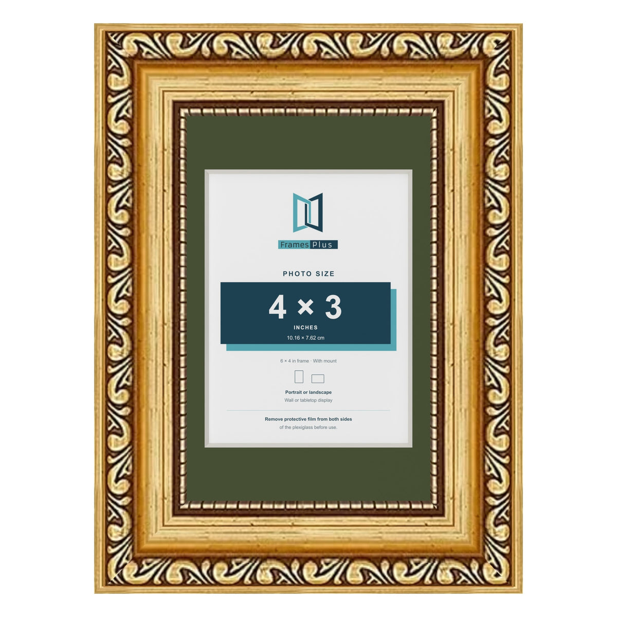 Louis Gold 6 x 4 inch picture frame with a green mount for a 4 x 3 inch photo