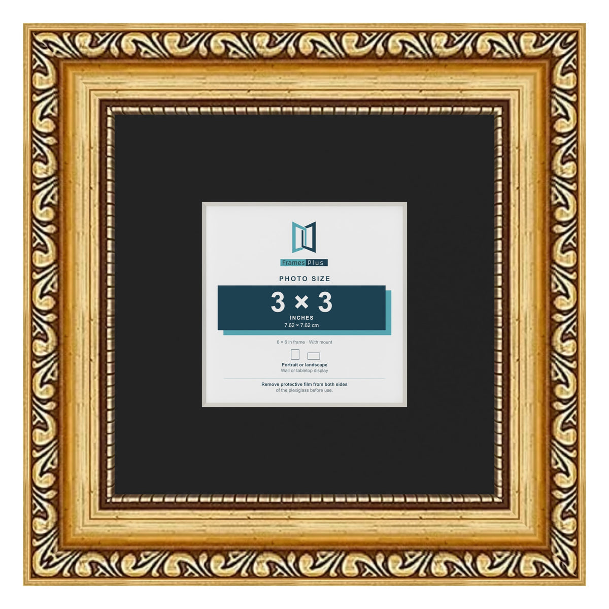 Louis Gold 6 x 6 inch picture frame with a black mount for a 3 x 3 inch photo