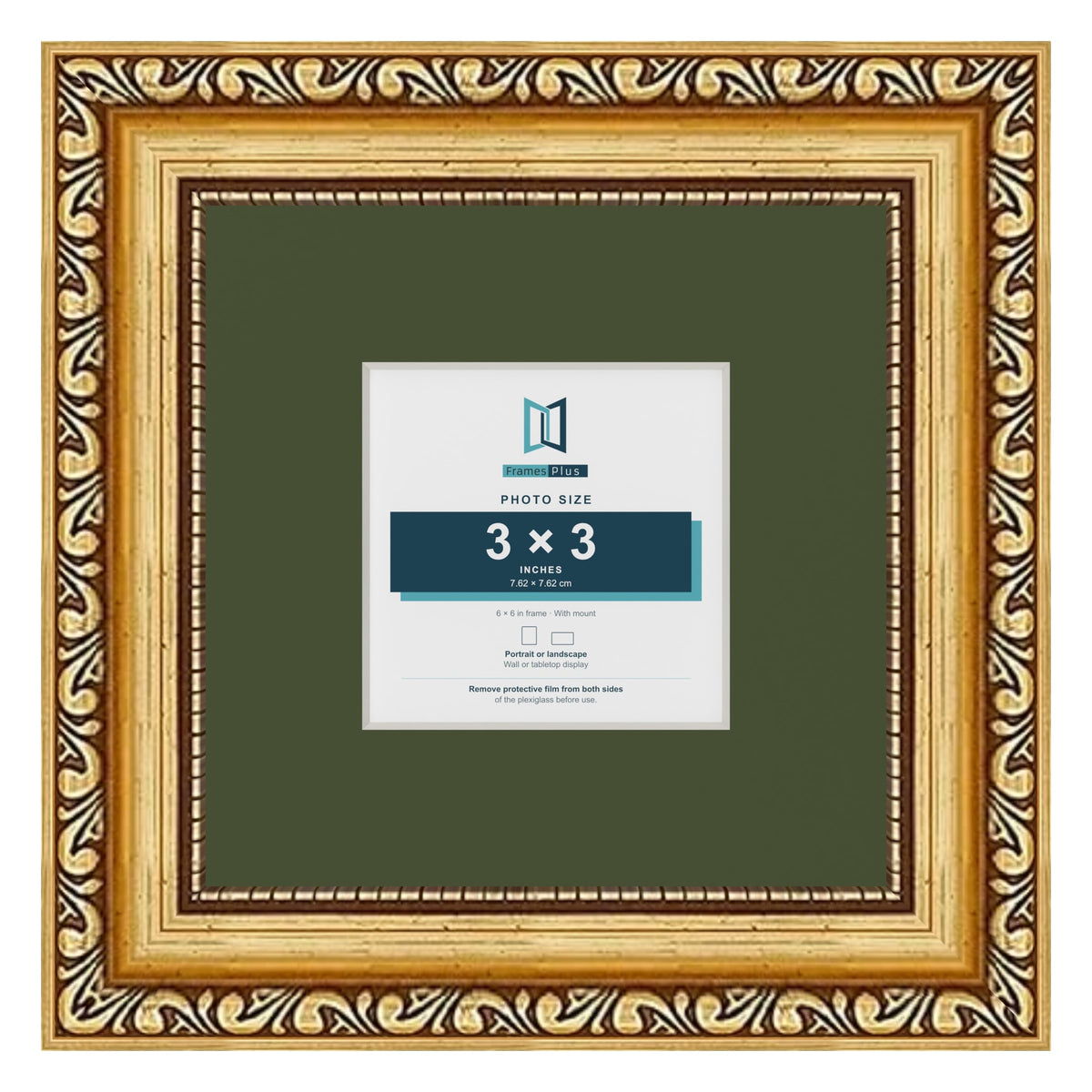 Louis Gold 6 x 6 inch picture frame with a green mount for a 3 x 3 inch photo