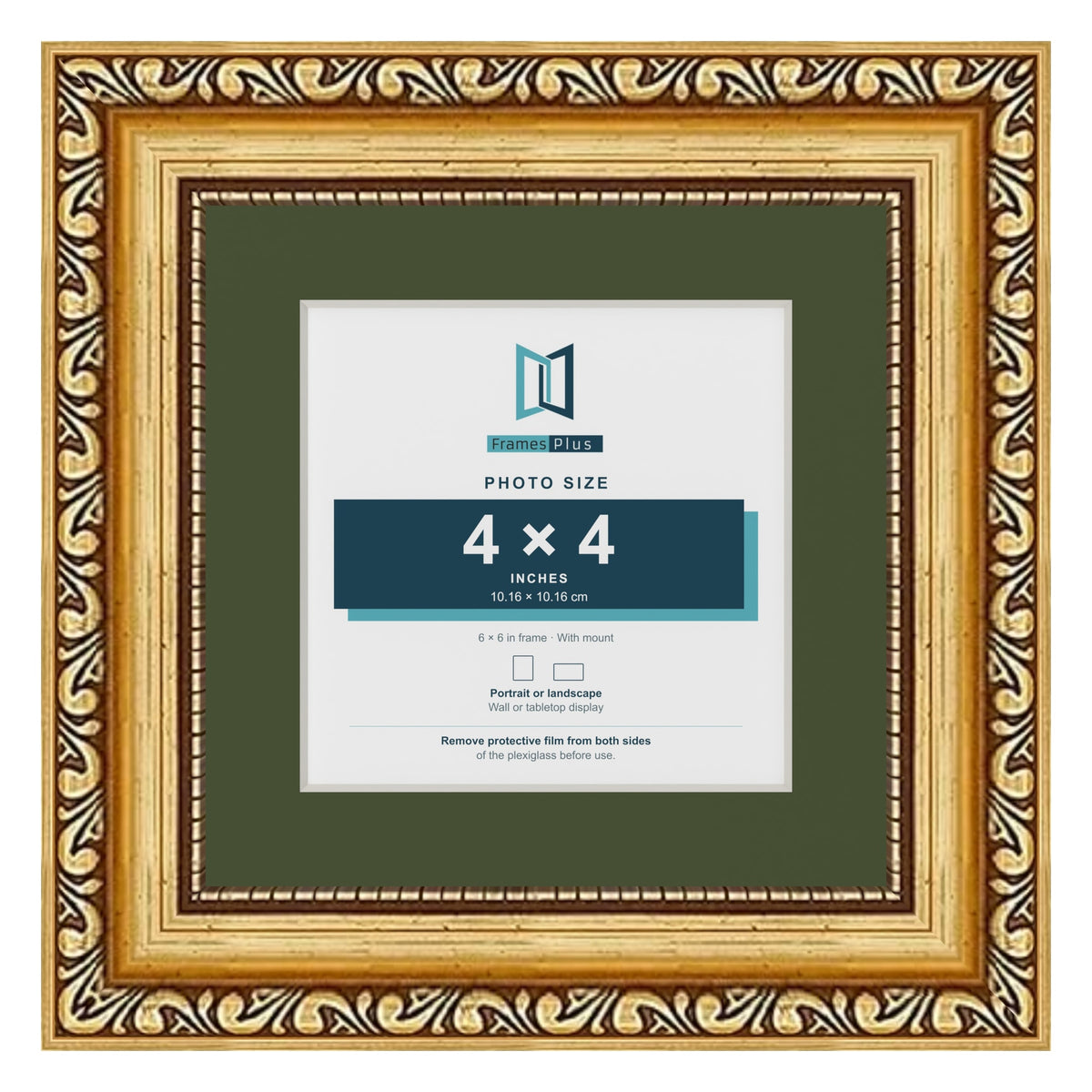 Louis Gold 6 x 6 inch picture frame with a green mount for a 4 x 4 inch photo