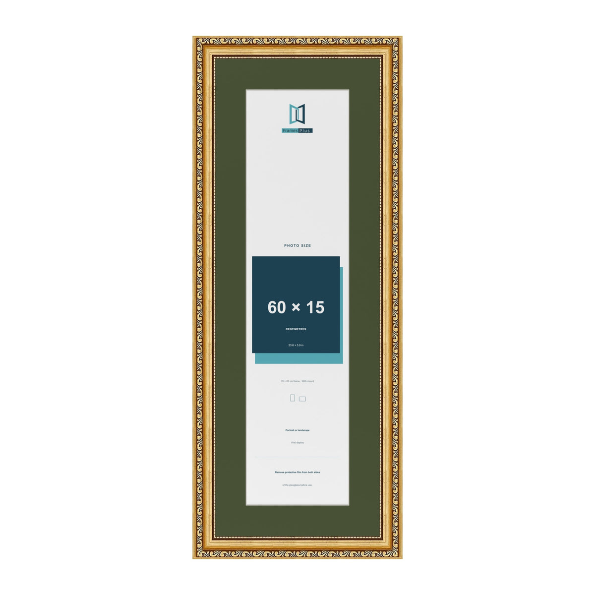 Louis Gold 70 x 25 cm picture frame with a green mount for a 60 x 15 cm photo