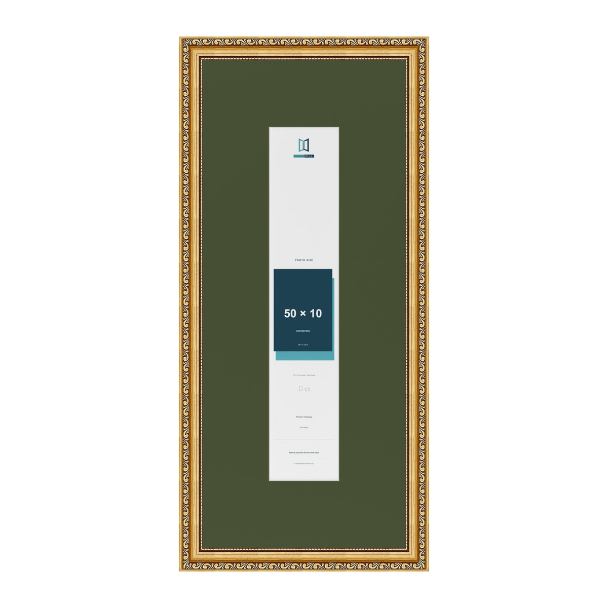 Louis Gold 70 x 30 cm picture frame with a green mount for a 50 x 10 cm photo