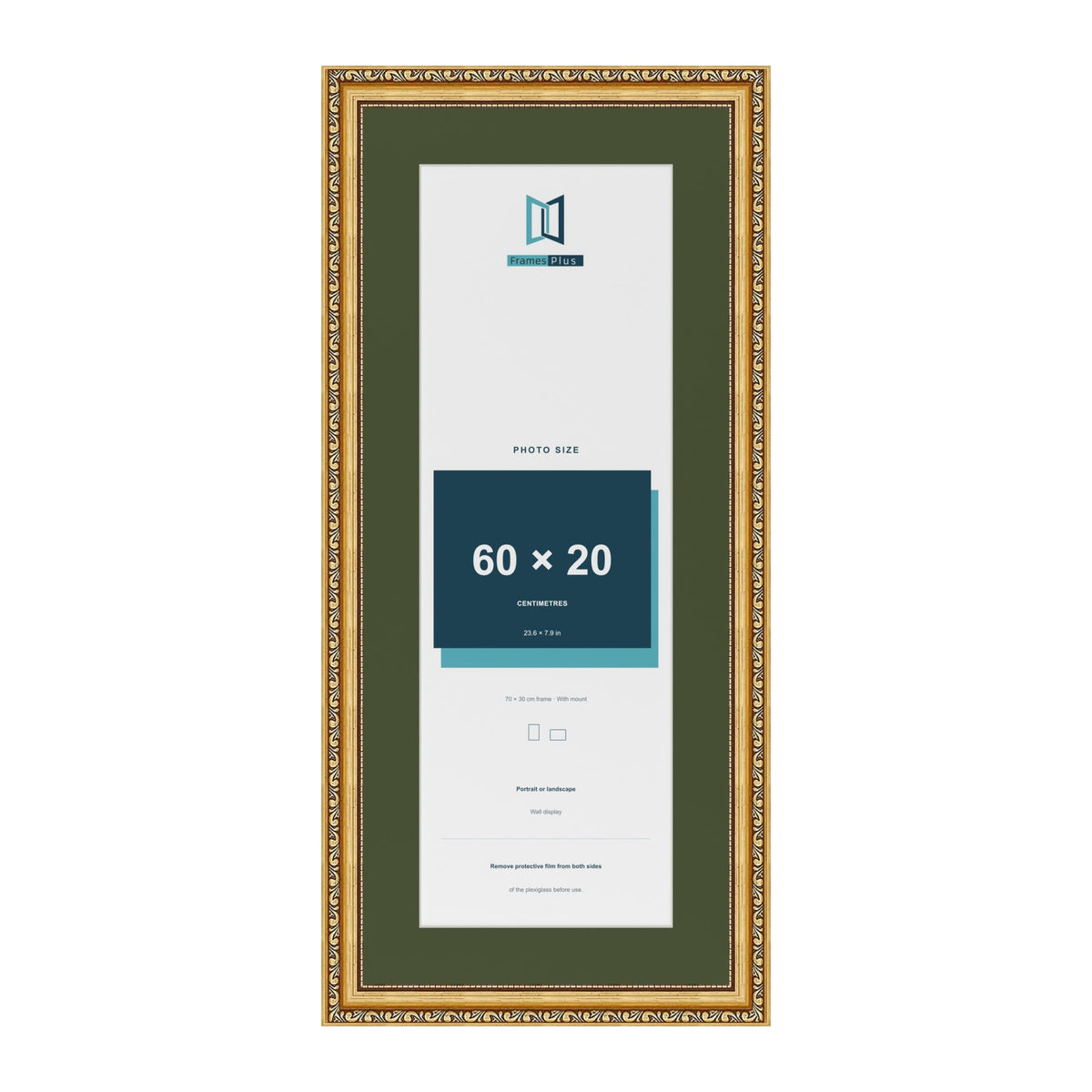 Louis Gold 70 x 30 cm picture frame with a green mount for a 60 x 20 cm photo