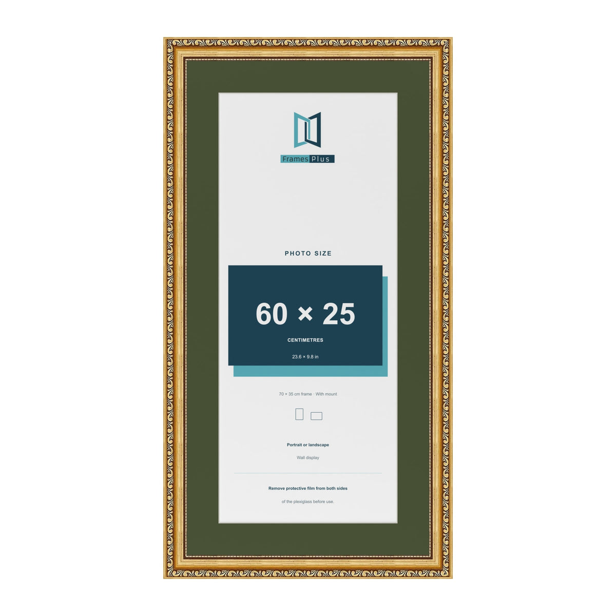Louis Gold 70 x 35 cm picture frame with a green mount for a 60 x 25 cm photo