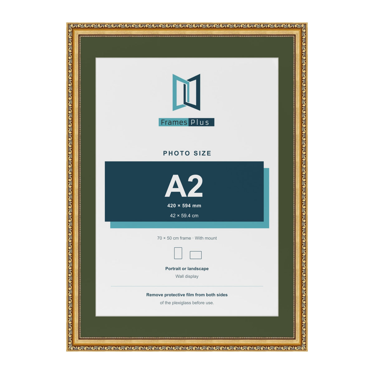 Louis Gold 70 x 50 cm picture frame with a green mount for an A2 photo