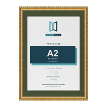Louis Gold 70 x 50 cm picture frame with a green mount for an A2 photo