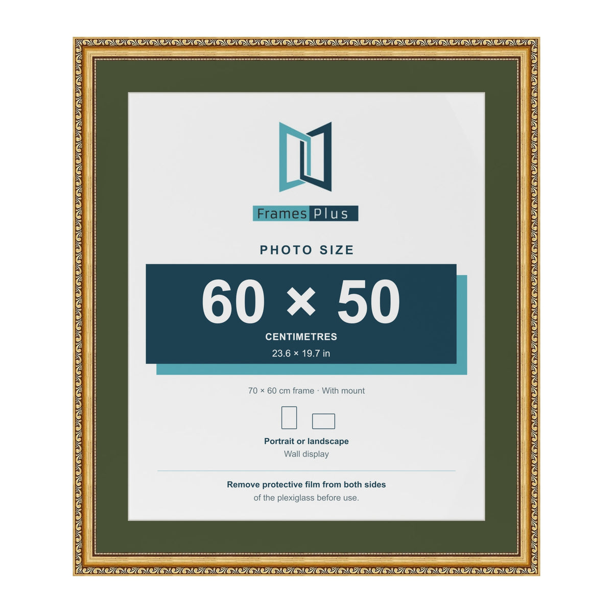 Louis Gold 70 x 60 cm picture frame with a green mount for a 60 x 50 cm photo