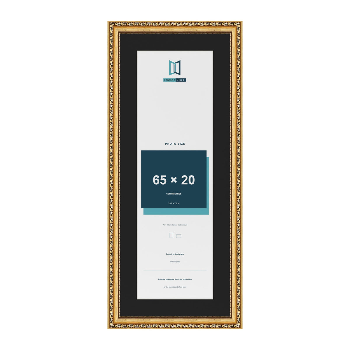 Louis Gold 75 x 30 cm picture frame with a black mount for a 65 x 20 cm photo