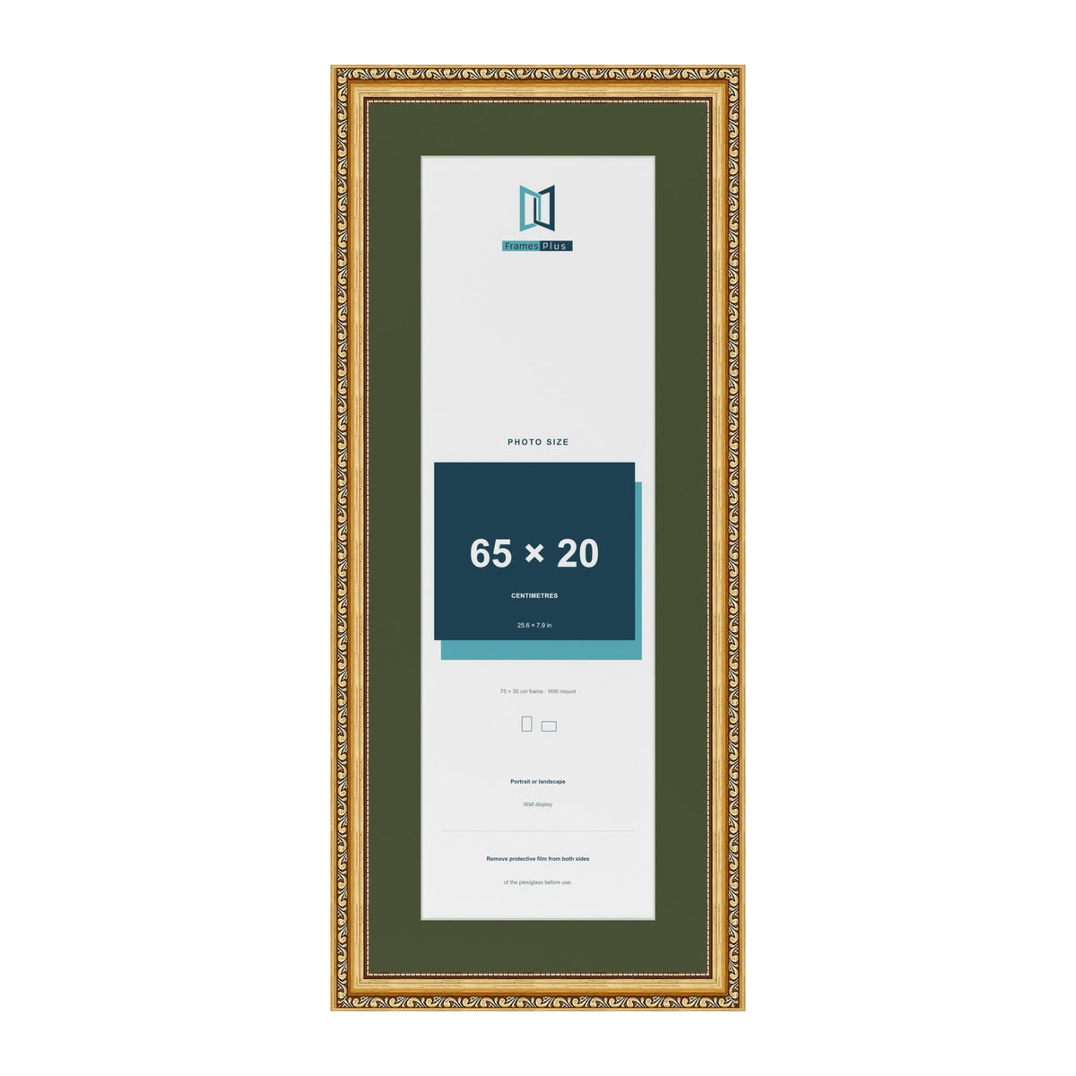 Louis Gold 75 x 30 cm picture frame with a green mount for a 65 x 20 cm photo