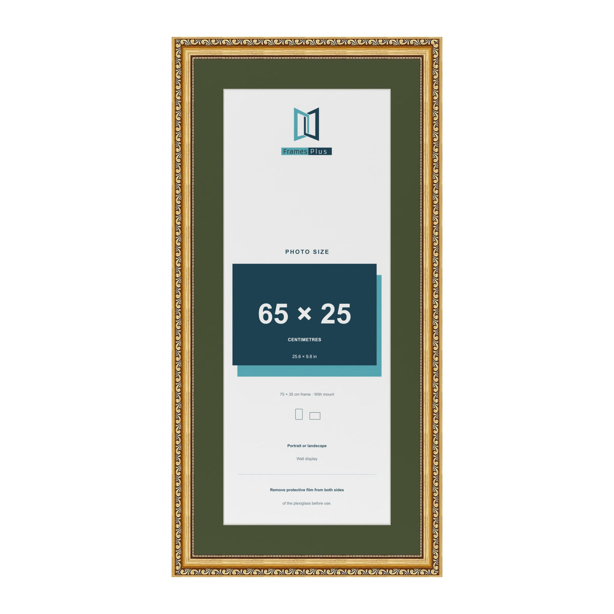 Louis Gold 75 x 35 cm picture frame with a green mount for a 65 x 25 cm photo