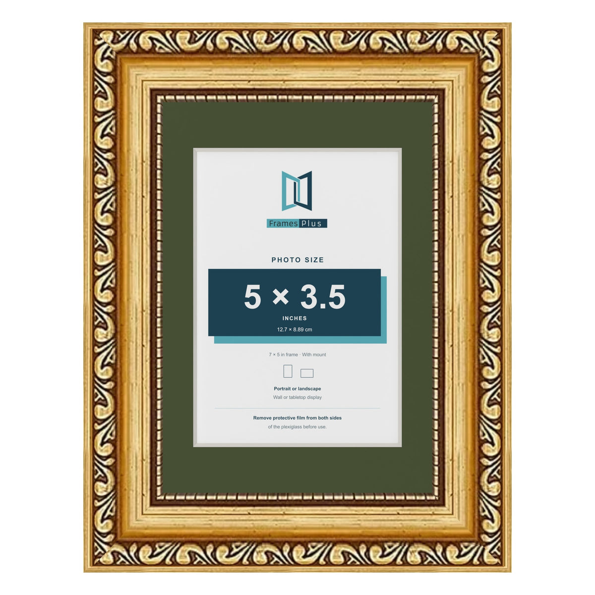 Louis Gold 7 x 5 inch picture frame with a green mount for a 5 x 3.5 inch photo