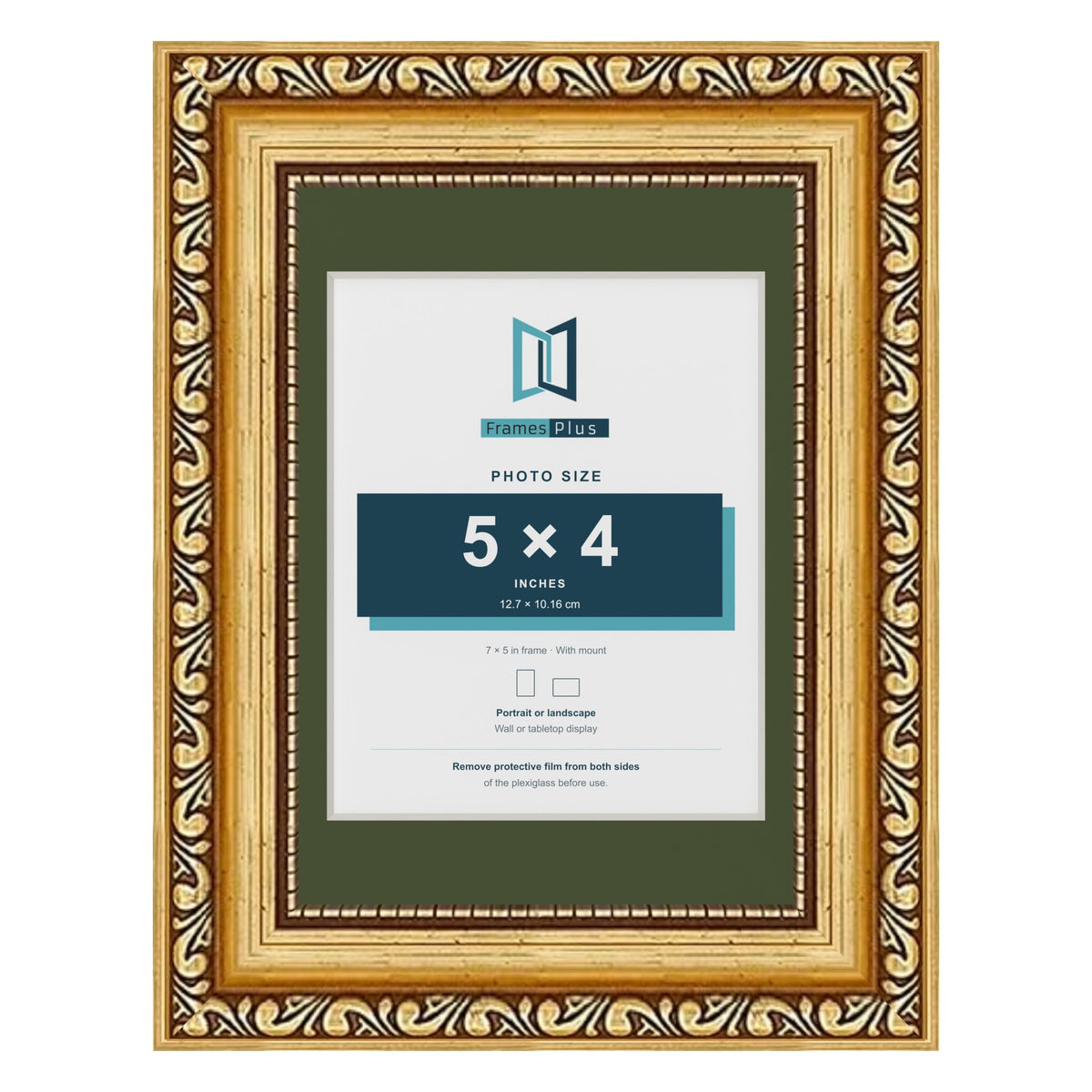 Louis Gold 7 x 5 inch picture frame with a green mount for a 5 x 4 inch photo