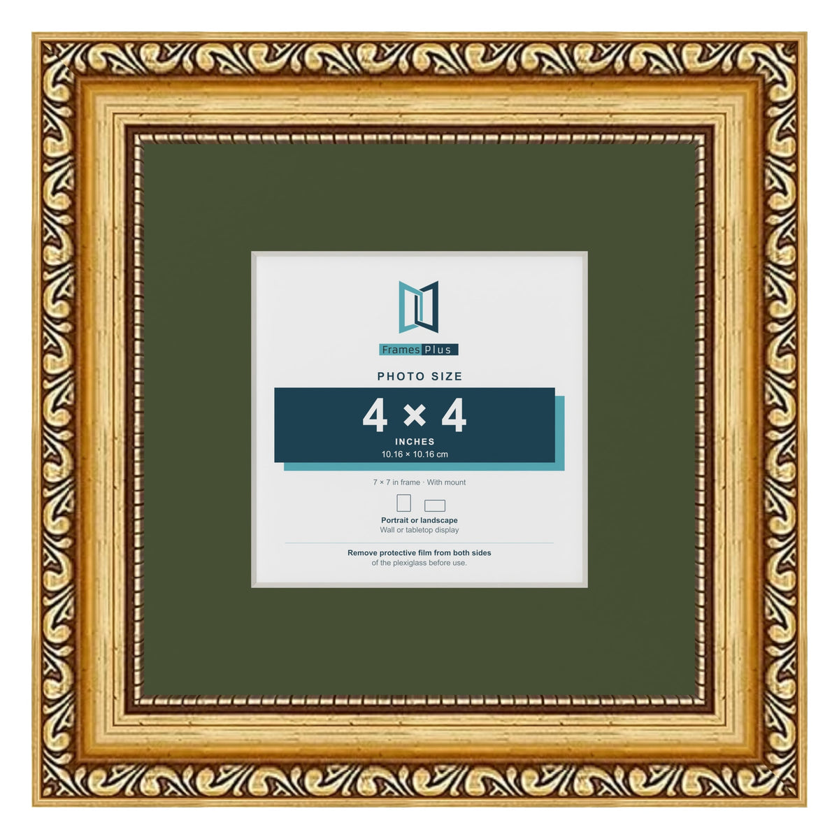 Louis Gold 7 x 7 inch picture frame with a green mount for a 4 x 4 inch photo