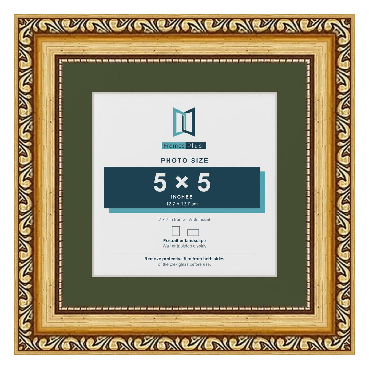 Louis Gold 7 x 7 inch picture frame with a green mount for a 5 x 5 inch photo
