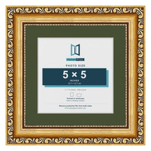 Louis Gold 7 x 7 inch picture frame with a green mount for a 5 x 5 inch photo