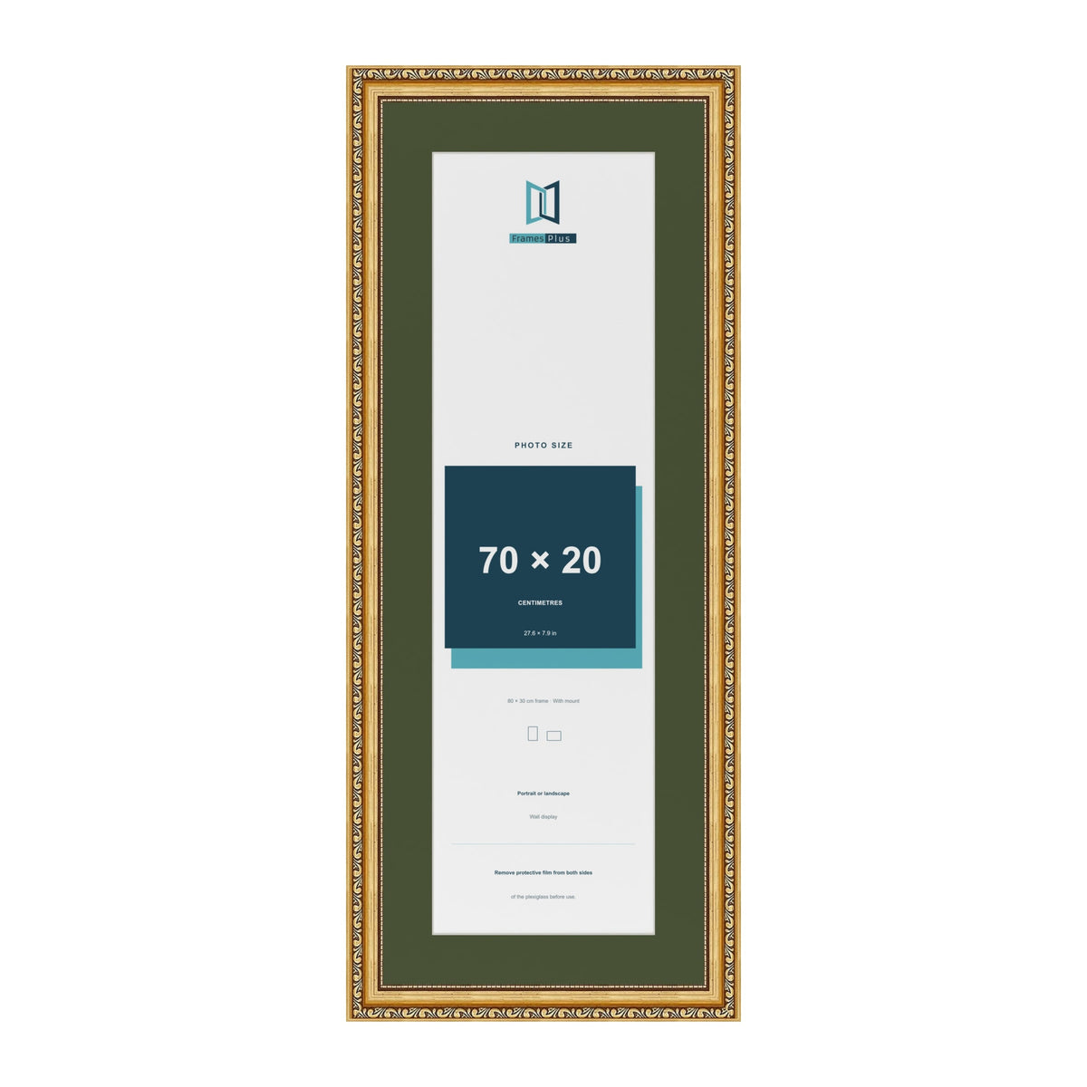 Louis Gold 80 x 30 cm picture frame with a green mount for a 70 x 20 cm photo