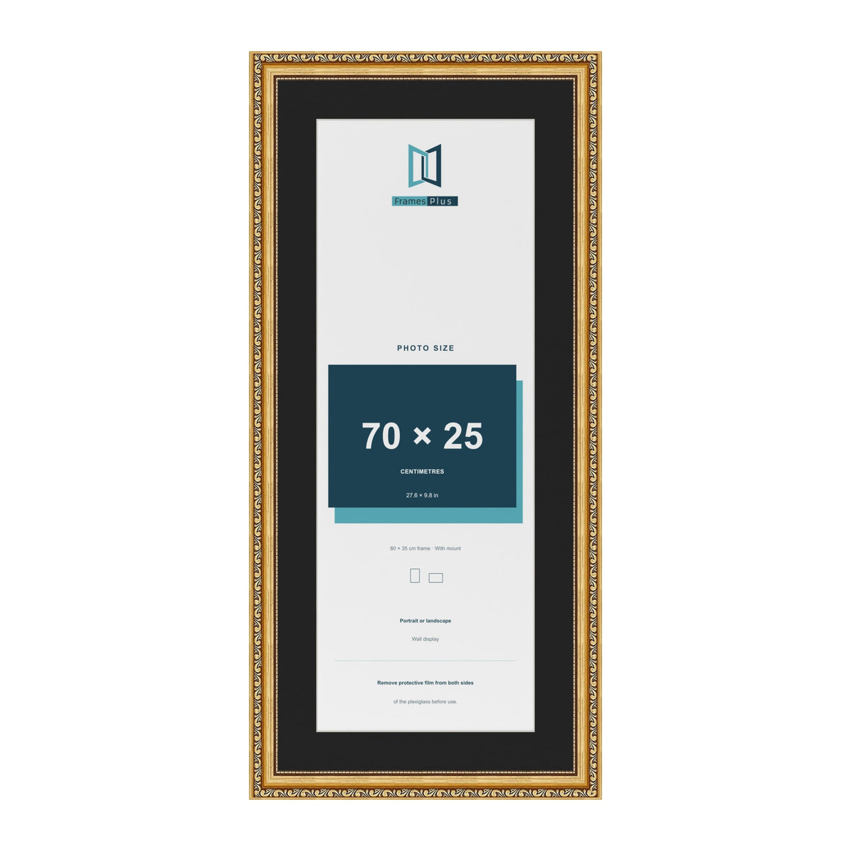 Louis Gold 80 x 35 cm picture frame with a black mount for a 70 x 25 cm photo